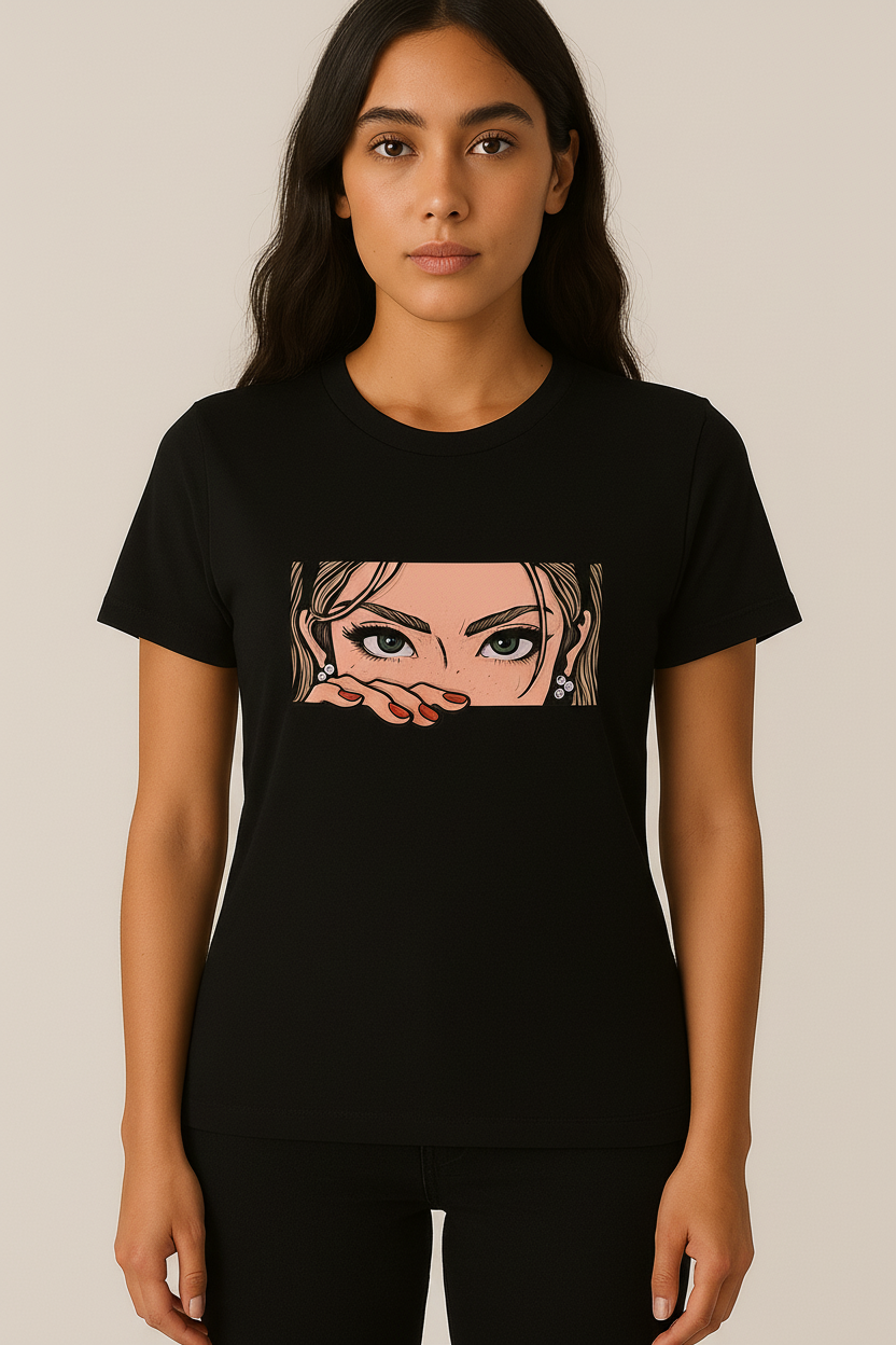 WOMEN'S BLACK THE MANGA GAZE REGULAR FIT TSHIRT