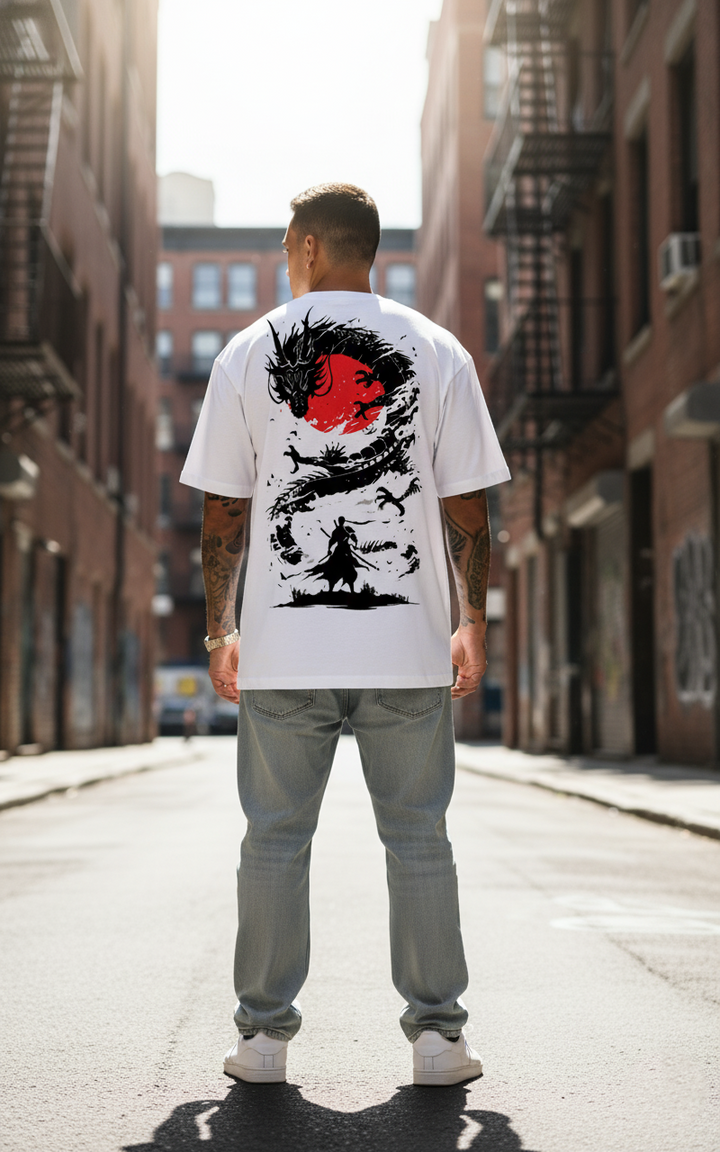 UNISEX WHITE RED MOON DRAGON OVERSIZE FIT TSHIRT