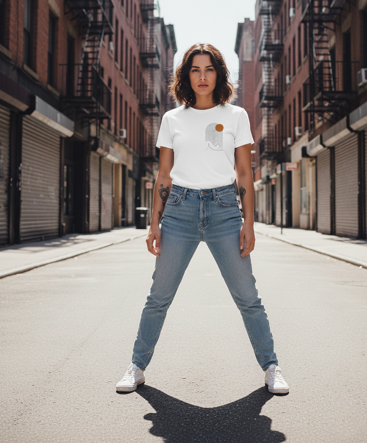 WOMEN'S WHITE GEOMETRIC SUN REGULAR FIT TSHIRT