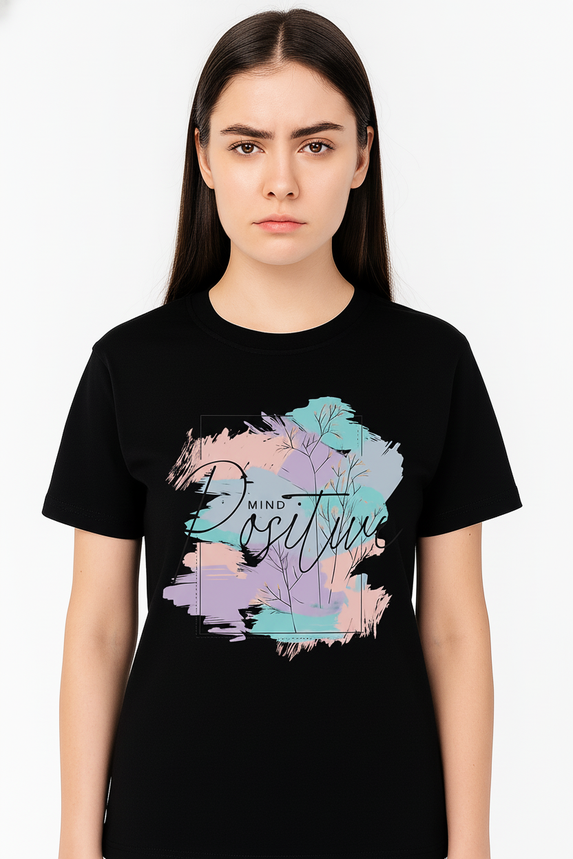 WOMEN'S BLACK POSITIVE MIND REGUALR FIT TSHIRT