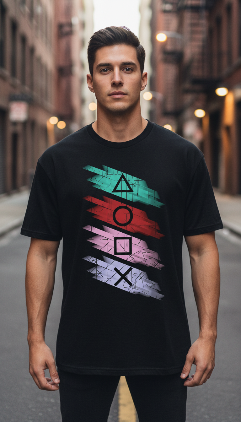 UNISEX BLACK PLAYSTATION SWIPE REGULAR FIT TSHIRT