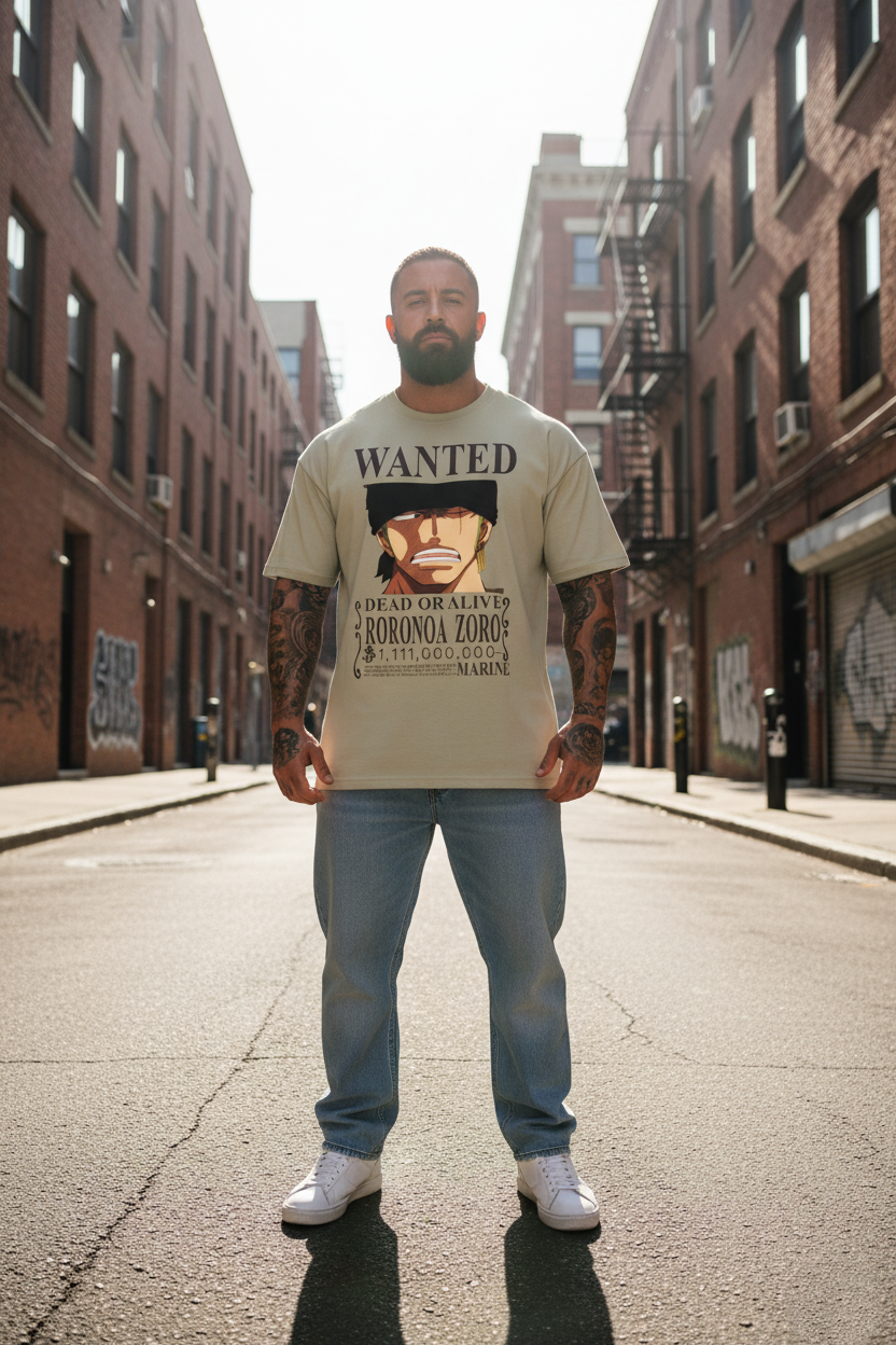UNISEX BEIGE  RORONOA ZORO - DEAD OR ALIVE WANTED POSTER OVERSIZE FIT TSHIRT