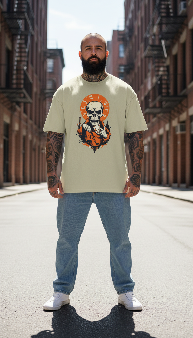 UNISEX BEIGE  SKULL MONK OVERSIZE FIT TSHIRT