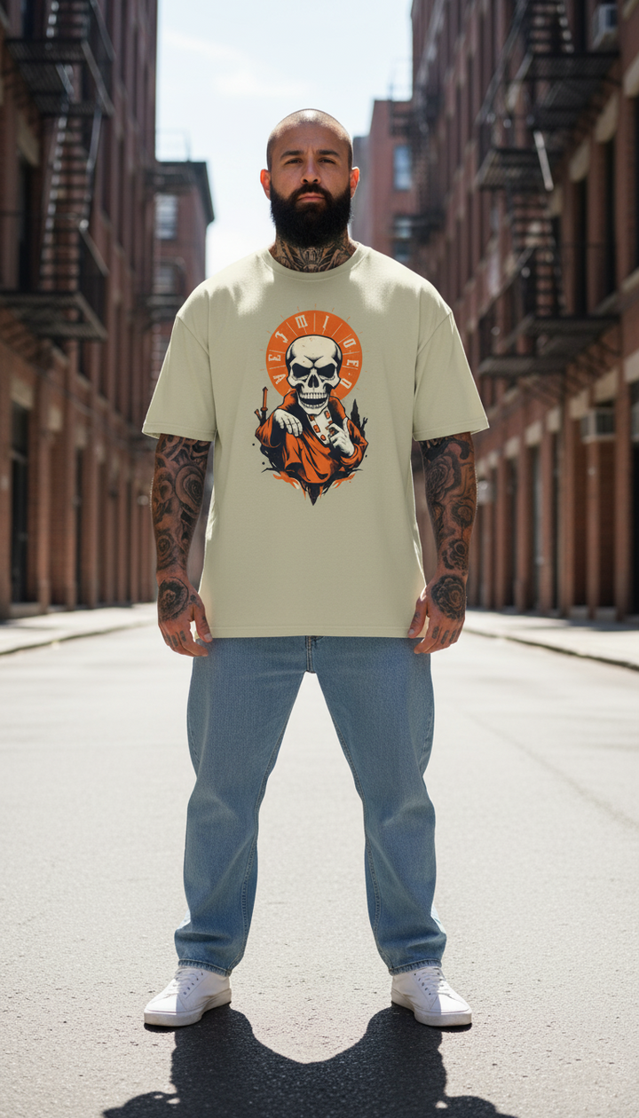 UNISEX BEIGE  SKULL MONK OVERSIZE FIT TSHIRT