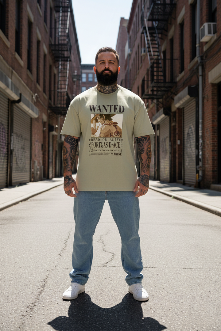 UNISEX BEIGE  PORTGAS D. ACE - DEAD OR ALIVE WANTED POSTER OVERSIZE FIT TSHIRT
