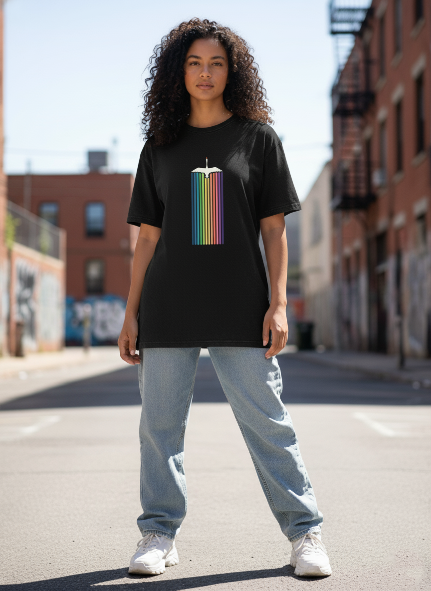 WOMEN'S BLACK RAINBOW FLIGHT REGULAR FIT TSHIRT