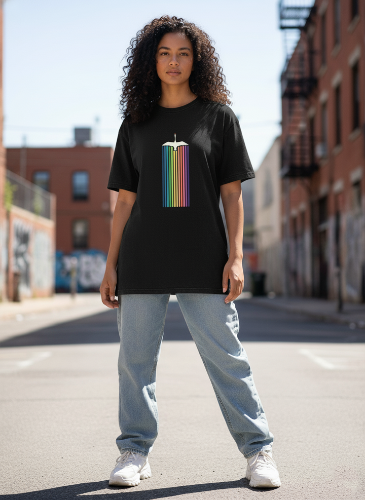 WOMEN'S BLACK RAINBOW FLIGHT REGULAR FIT TSHIRT