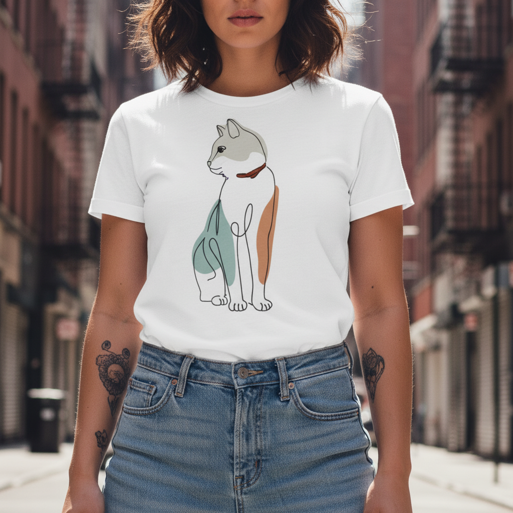 WOMEN'S WHITE LINE ART FELINEREGULAR FIT TSHIRT