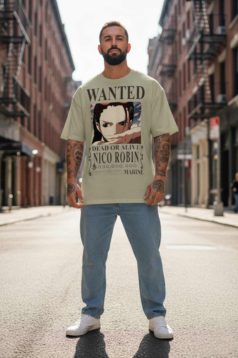 UNISEX BEIGE  NICO ROBIN - DEAD OR ALIVE WANTED POSTER OVERSIZE FIT TSHIRT