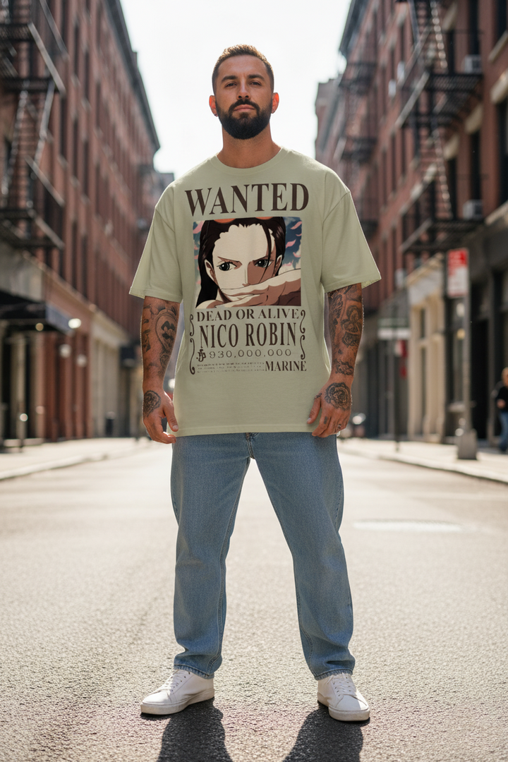 UNISEX BEIGE  NICO ROBIN - DEAD OR ALIVE WANTED POSTER OVERSIZE FIT TSHIRT