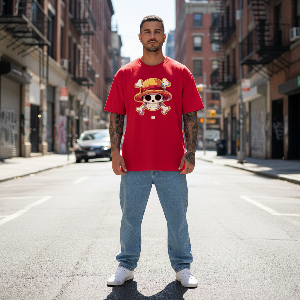 UNISEX RED STRAW HAT OVERSIZE FIT TSHIRT