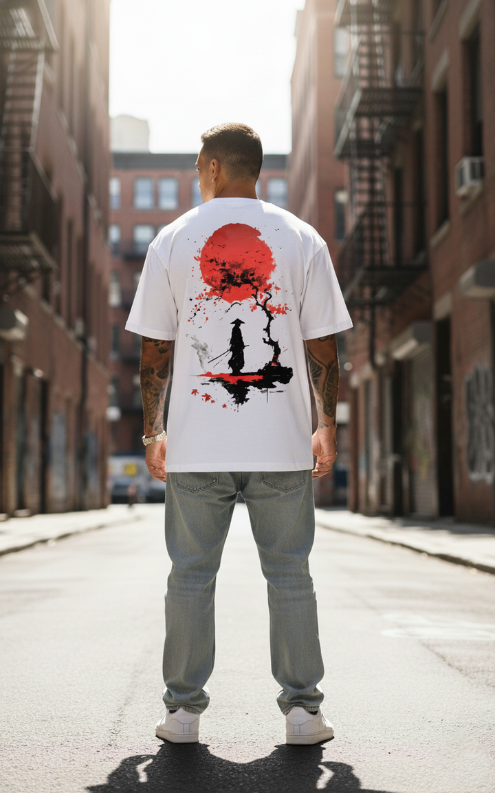 UNISEX WHITE RED MOON SAMURAI OVERSIZE FIT TSHIRT