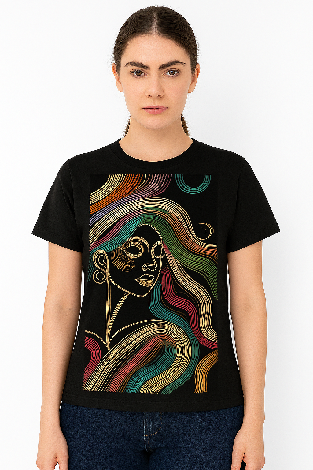 WOMEN'S BLACK  ABSTRACT BEAUTY REULAR FIT TSHRT