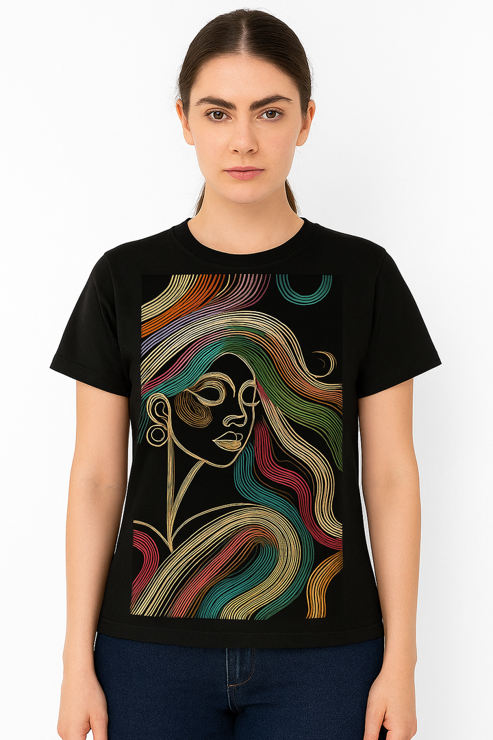 WOMEN'S BLACK  ABSTRACT BEAUTY REULAR FIT TSHRT