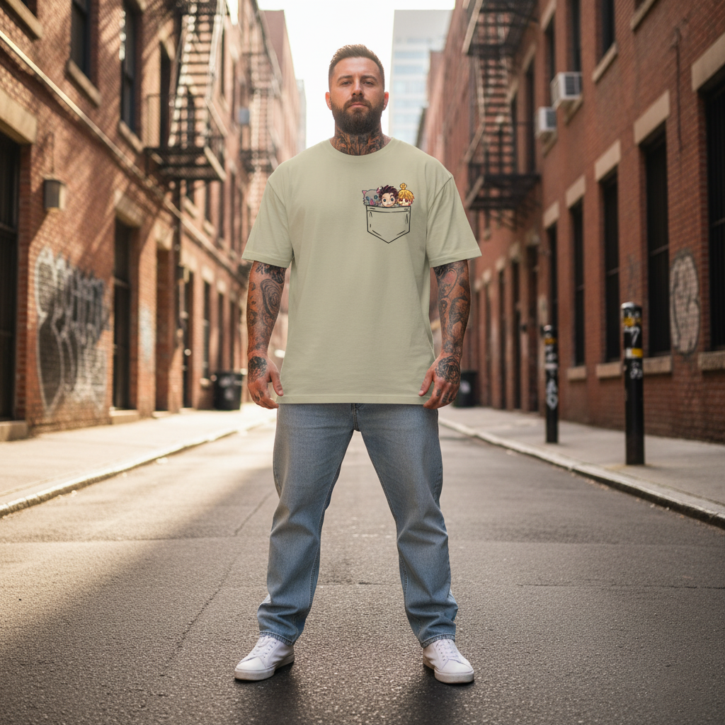 UNISEX BEIGE  POCKEY DEMON SLAYERS OVERSIZE FIT TSHIRT