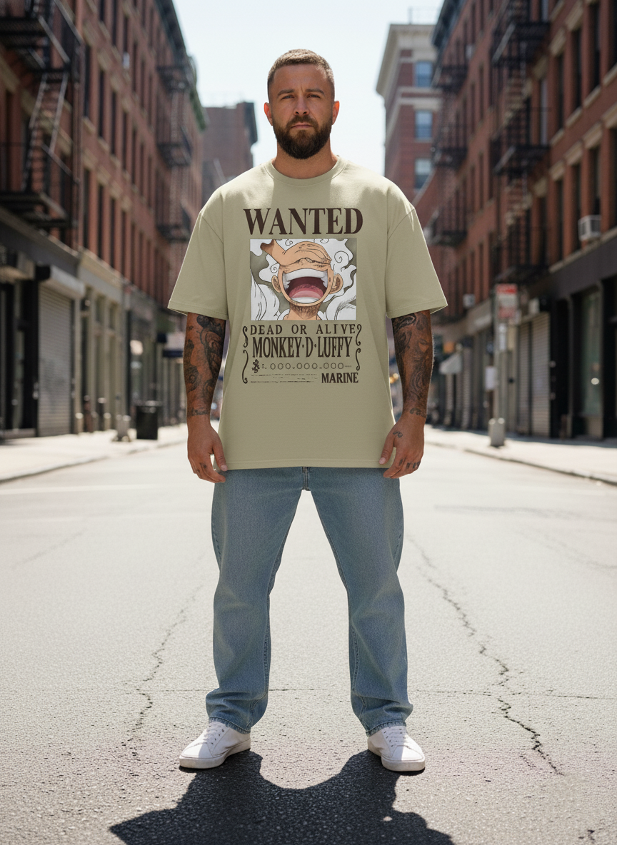 UNISEX BEIGE  MONKEY D. LUFFY - DEAD OR ALIVE WANTED POSTER OVERSIZE FIT TSHIRT