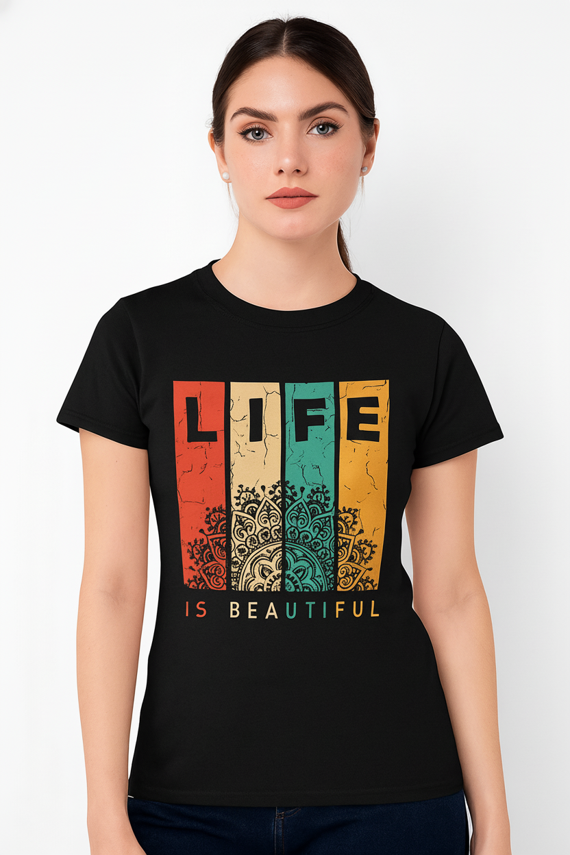 WOMEN'S BLACK LIFE IS BEAUTIFUL REGULAR FIT TSHIRT
