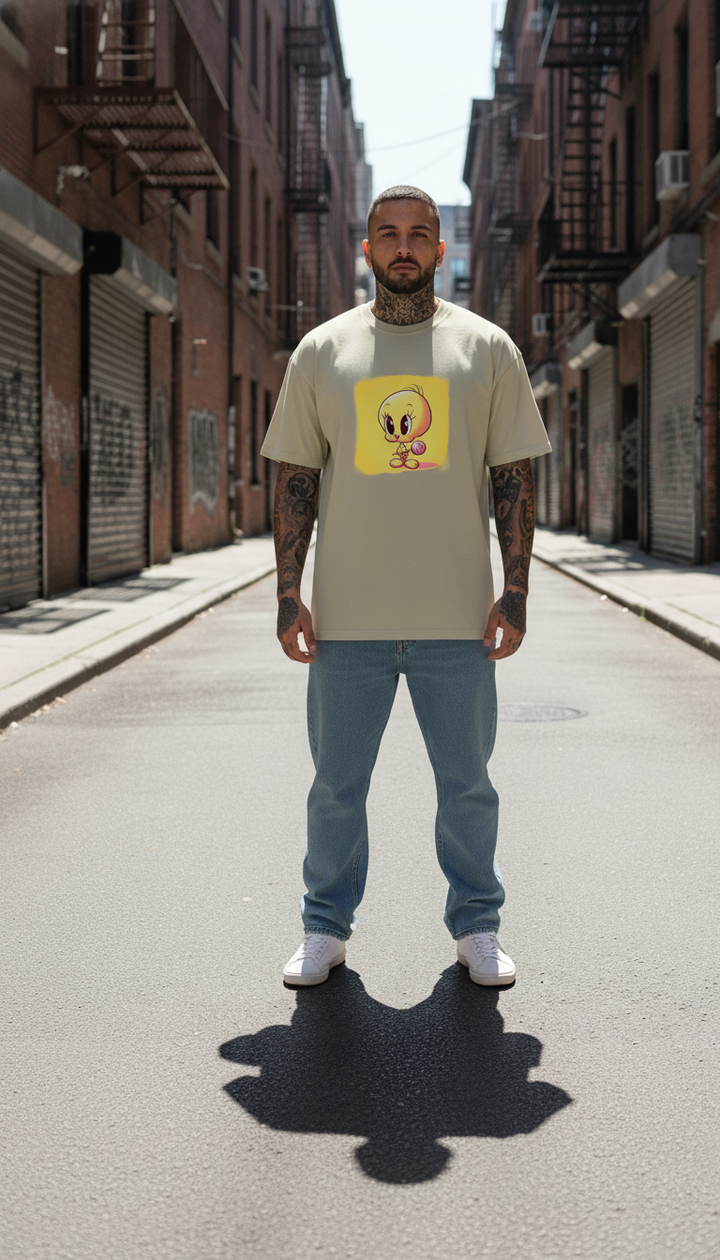 UNISEX BEIGE  LITTLE TWEETY OVERSIZE FIT TSHIRT