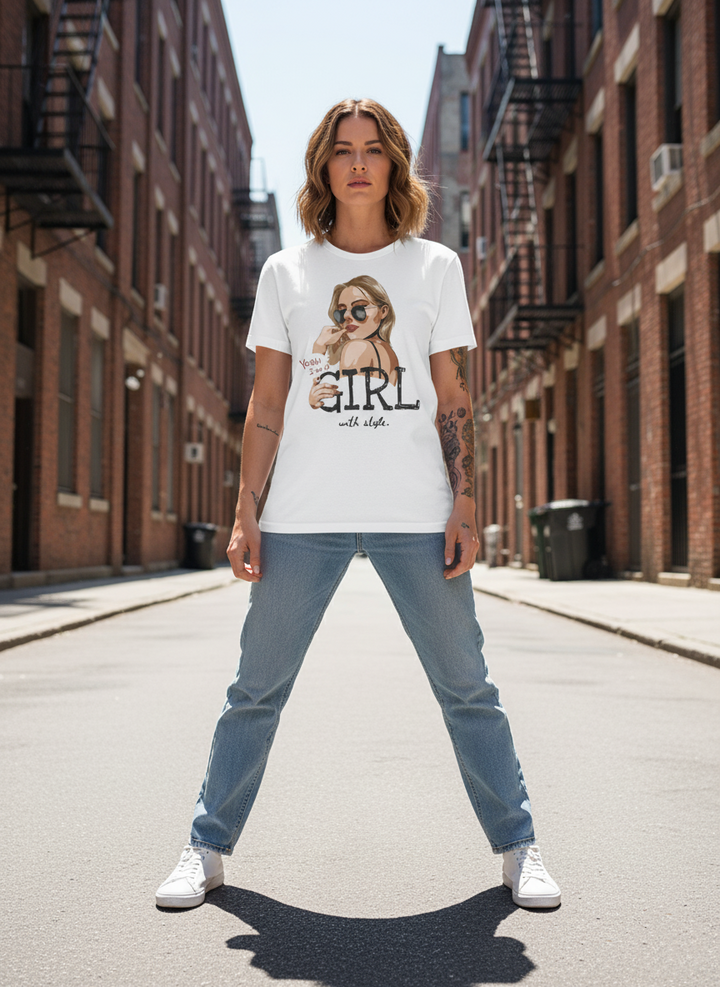 WOMEN'S WHITE GIRL WITH STYLE REGULAR FIT TSHIRT