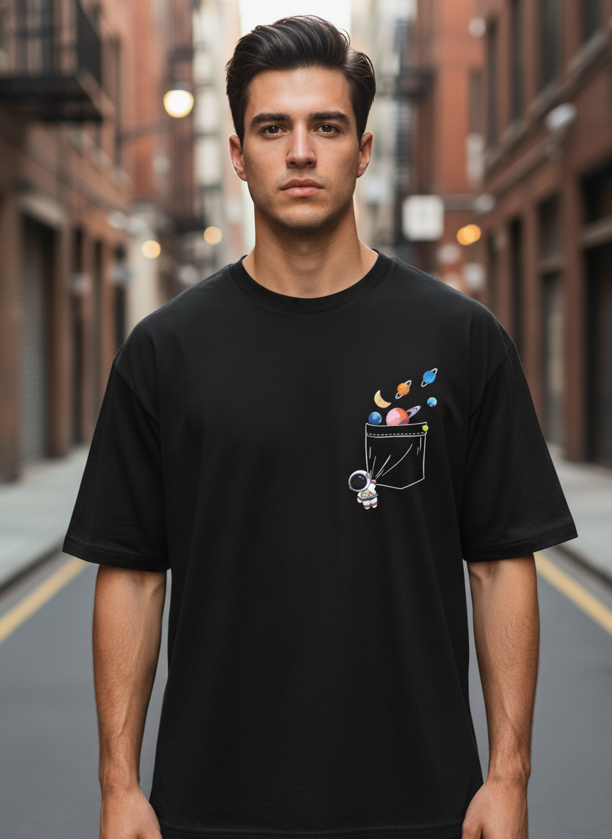 UNISEX BLACK CELESTIAL POCKET OVERSIZE FIT TSHIRT