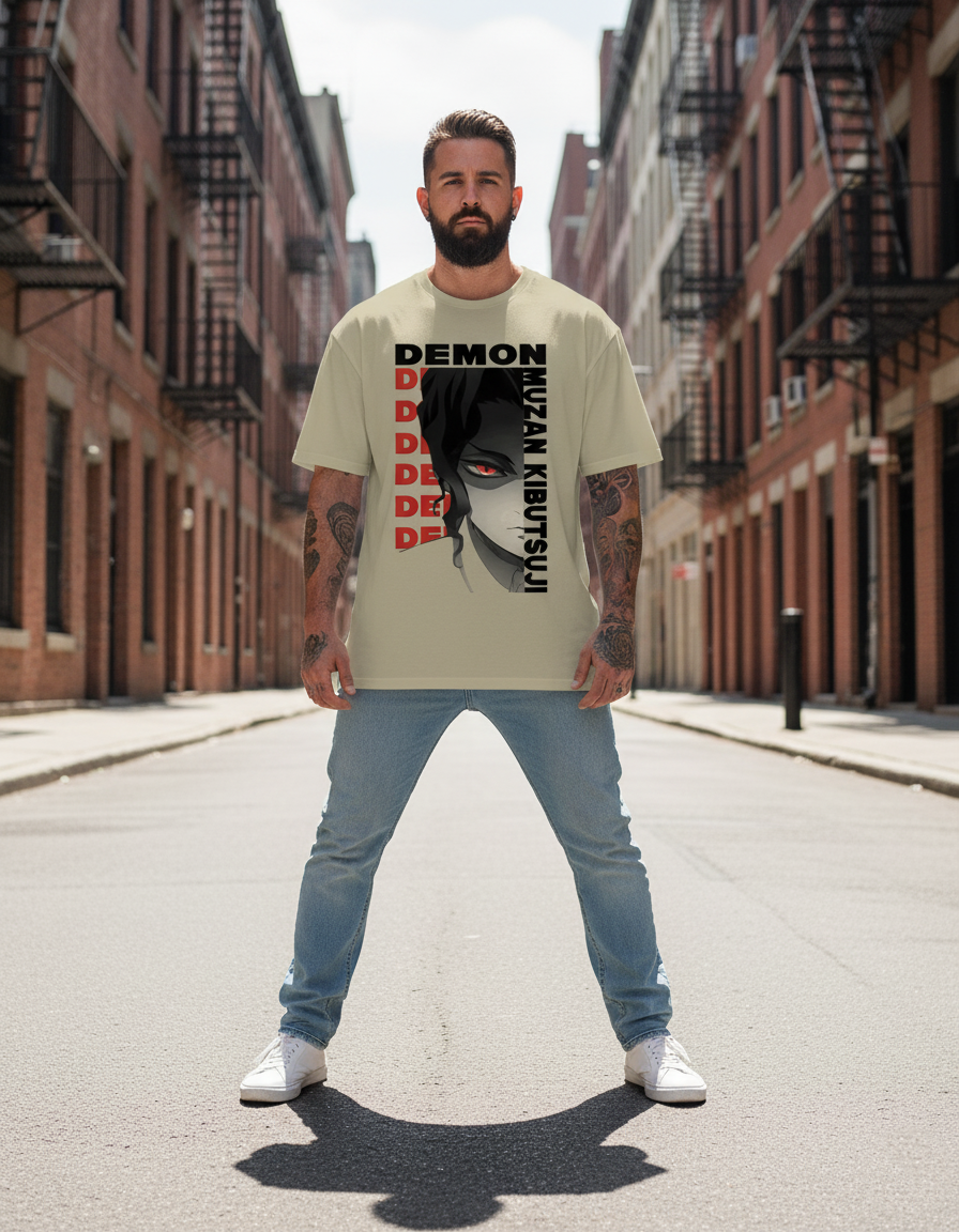 UNISEX BEIGE  DEMON KING - MUZAN KIBUTSUJI OVERSIZE FIT TSHIRT