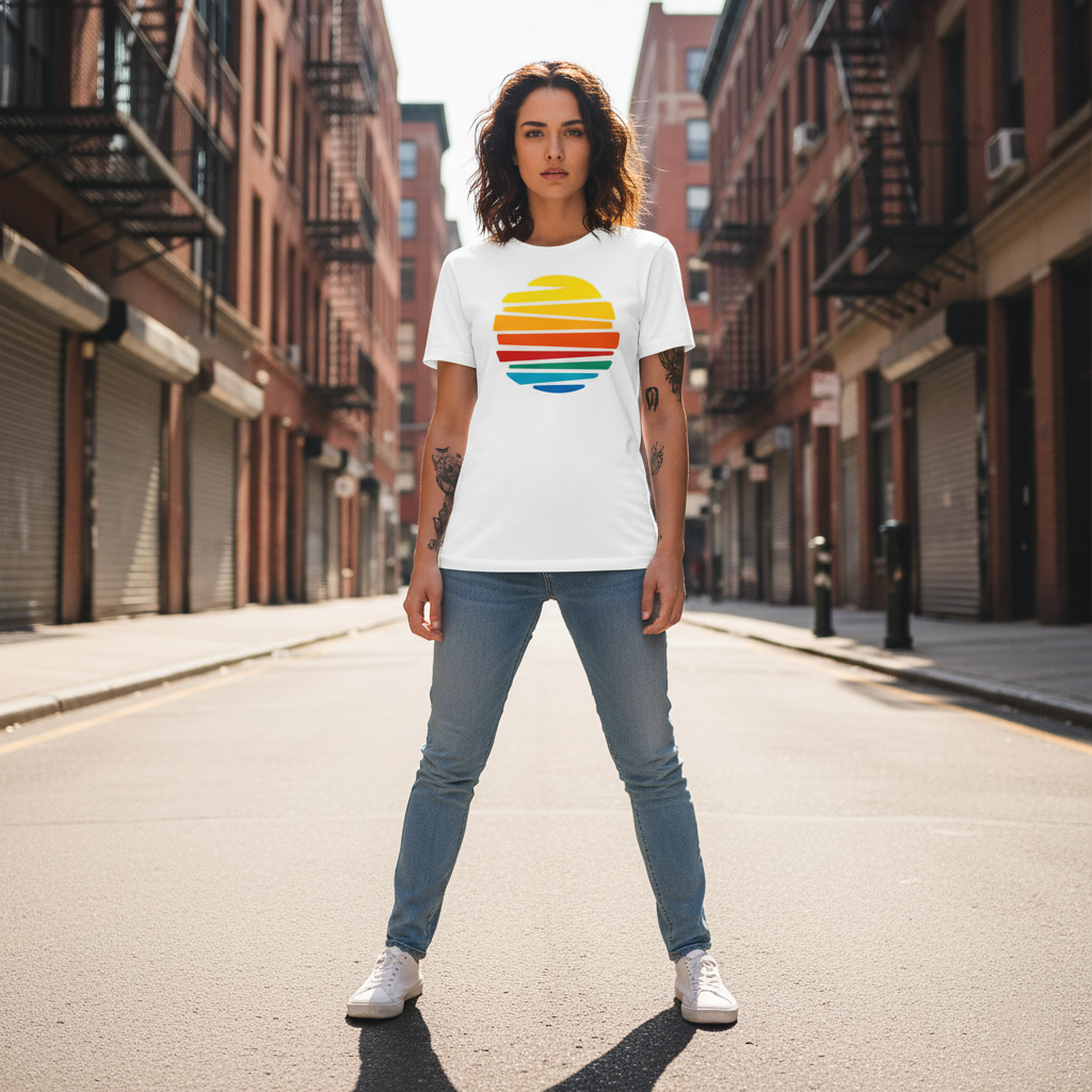 WOMEN'S WHITE RAINBOW SUN REGULAR FIT TSHIRT
