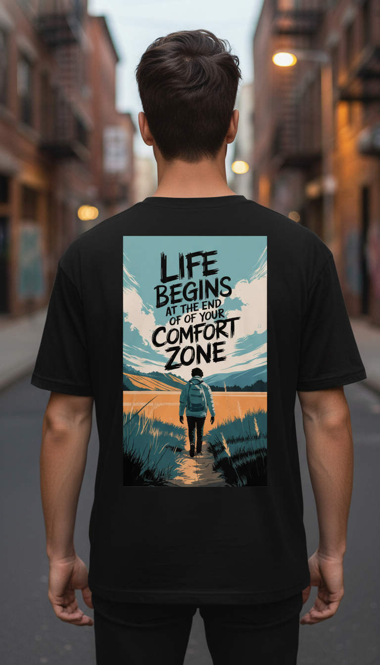 UNISEX BLACK LIFE BEGINS AT THE END OF YOUR COMFORT ZONE OVERSIZE FIT TSHIRT