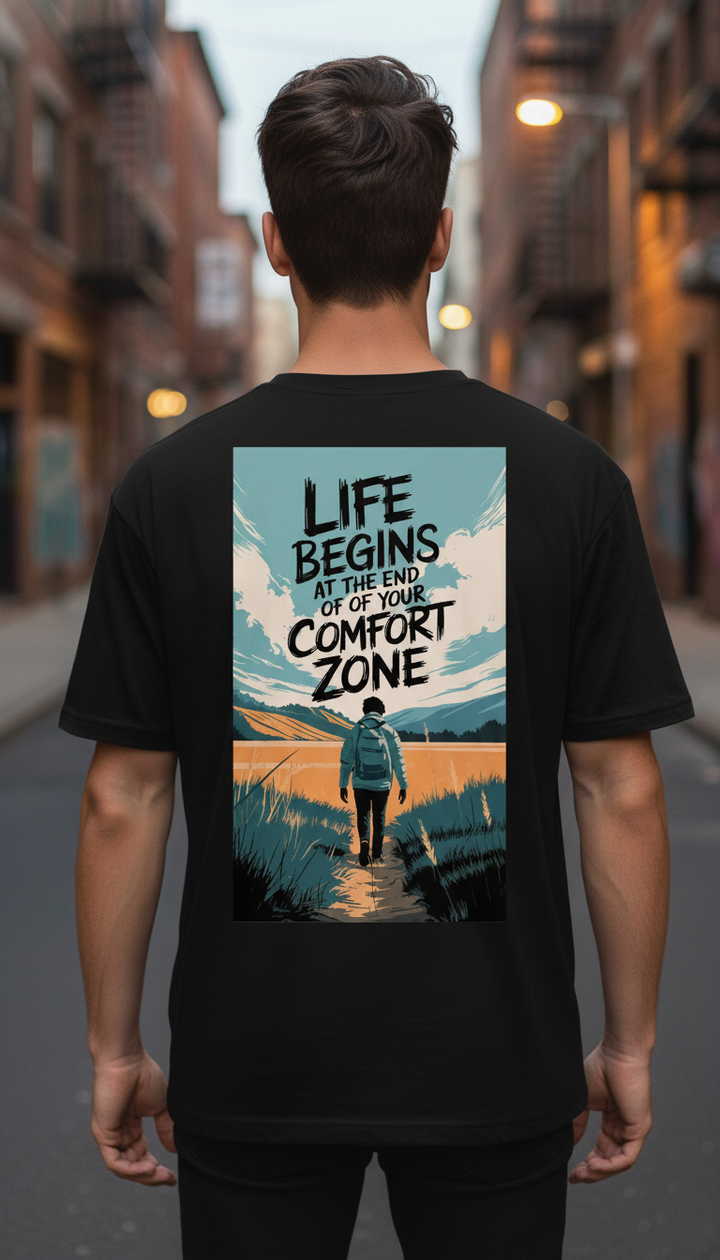 UNISEX BLACK LIFE BEGINS AT THE END OF YOUR COMFORT ZONE OVERSIZE FIT TSHIRT