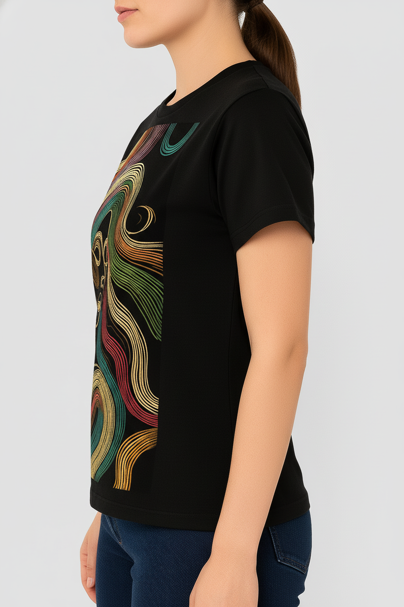 WOMEN'S BLACK  ABSTRACT BEAUTY REULAR FIT TSHRT