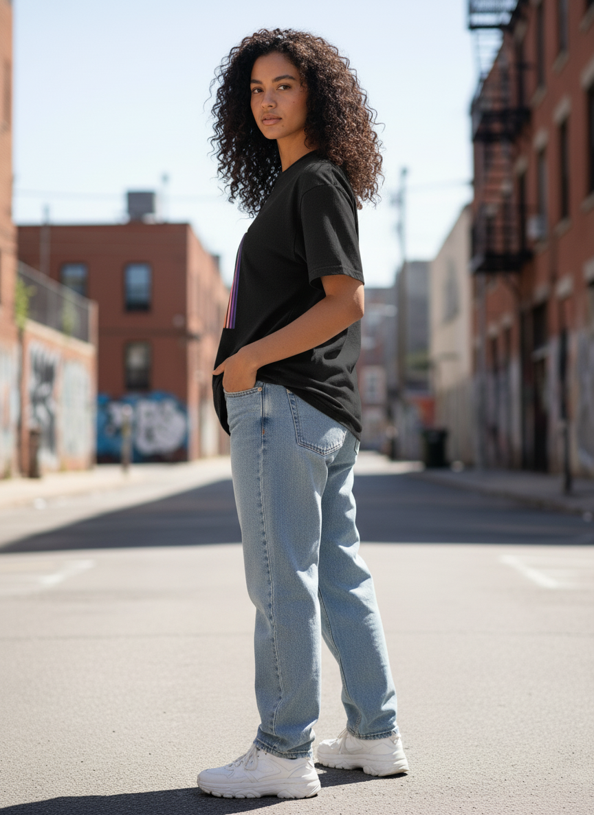 WOMEN'S BLACK RAINBOW FLIGHT REGULAR FIT TSHIRT