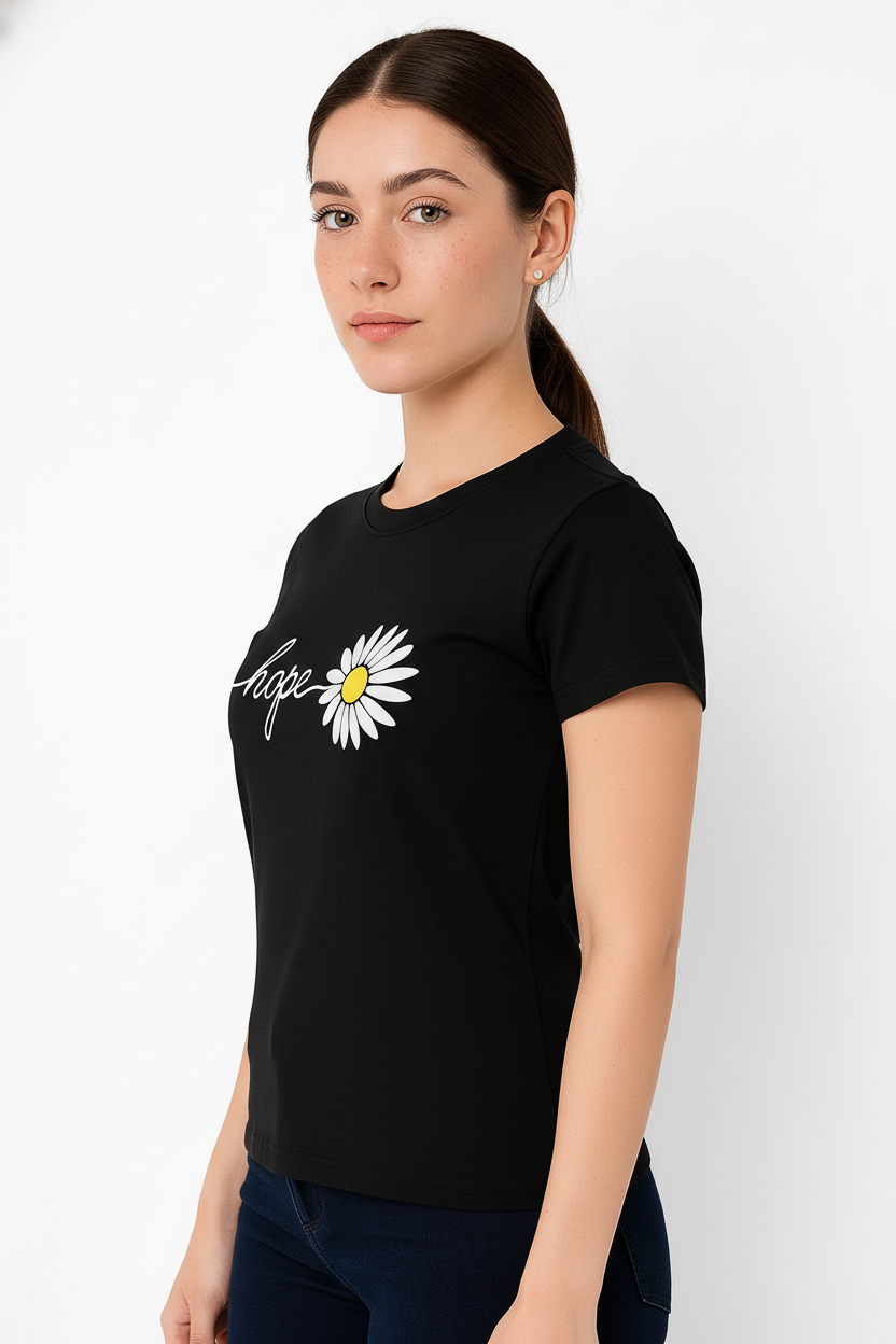 WOMEN'S BLACK MONOCHROME BLOOM REGULAR FIT TSHIRT