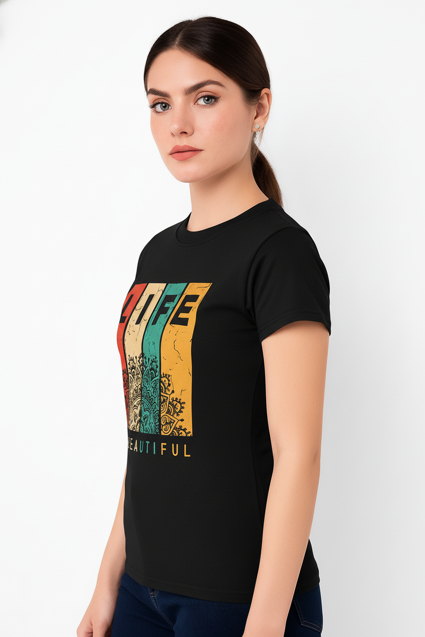 WOMEN'S BLACK LIFE IS BEAUTIFUL REGULAR FIT TSHIRT