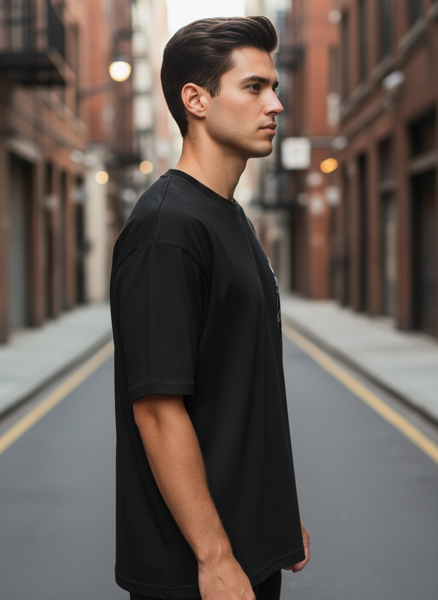 UNISEX BLACK CELESTIAL POCKET OVERSIZE FIT TSHIRT