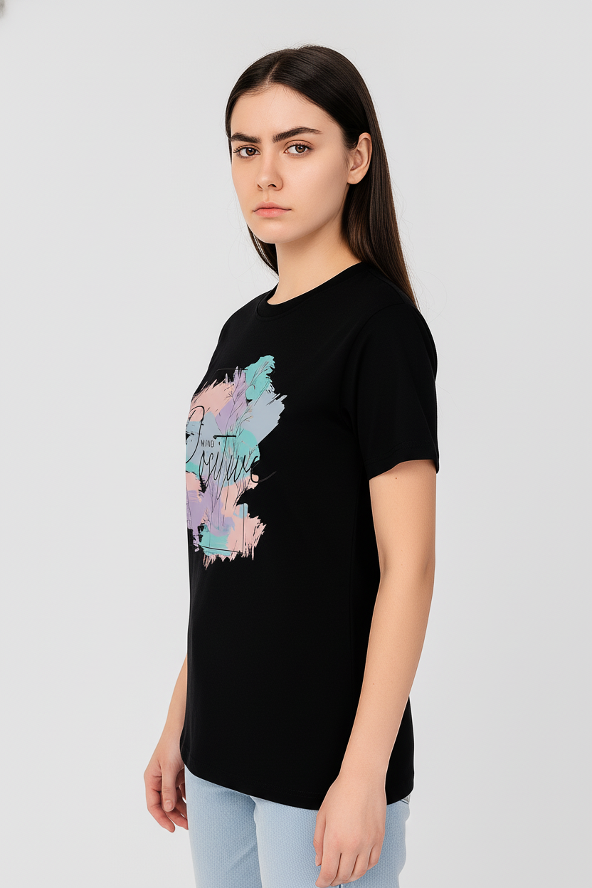 WOMEN'S BLACK POSITIVE MIND REGUALR FIT TSHIRT