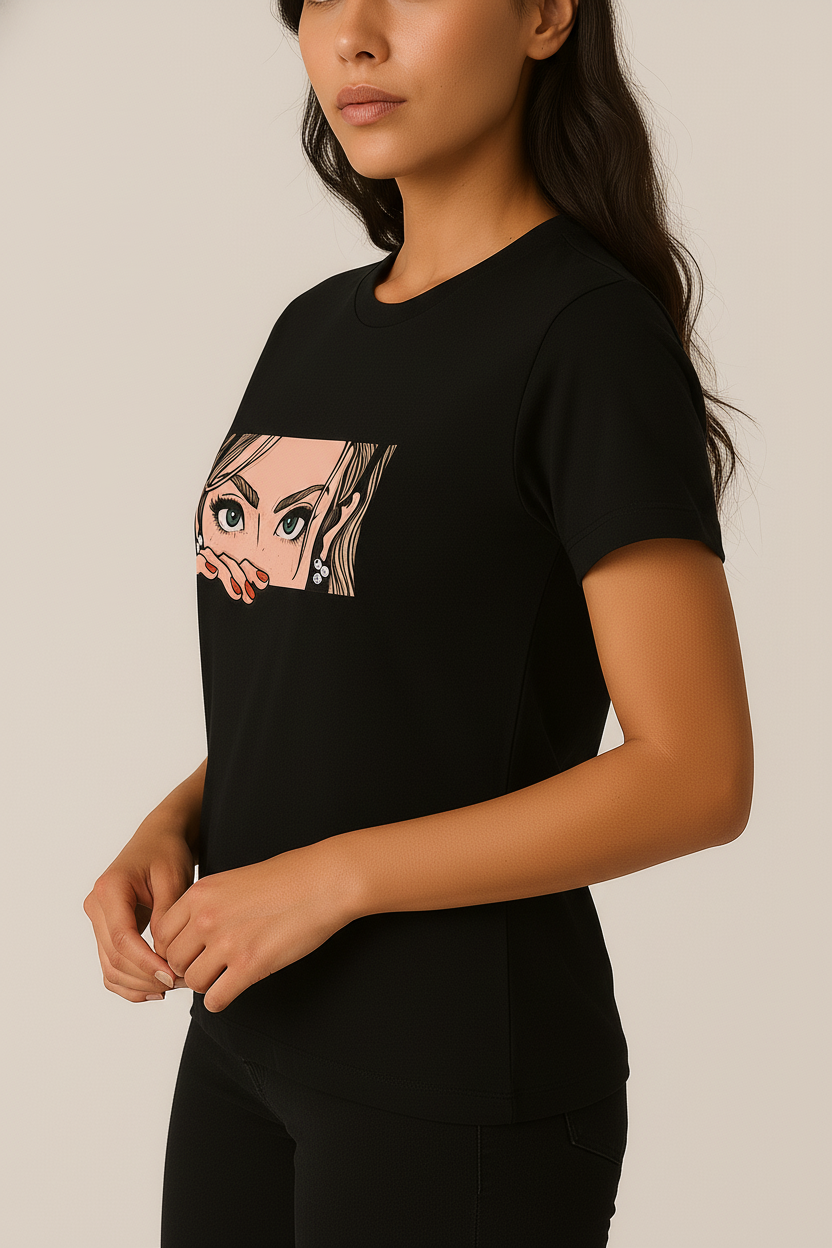 WOMEN'S BLACK THE MANGA GAZE REGULAR FIT TSHIRT