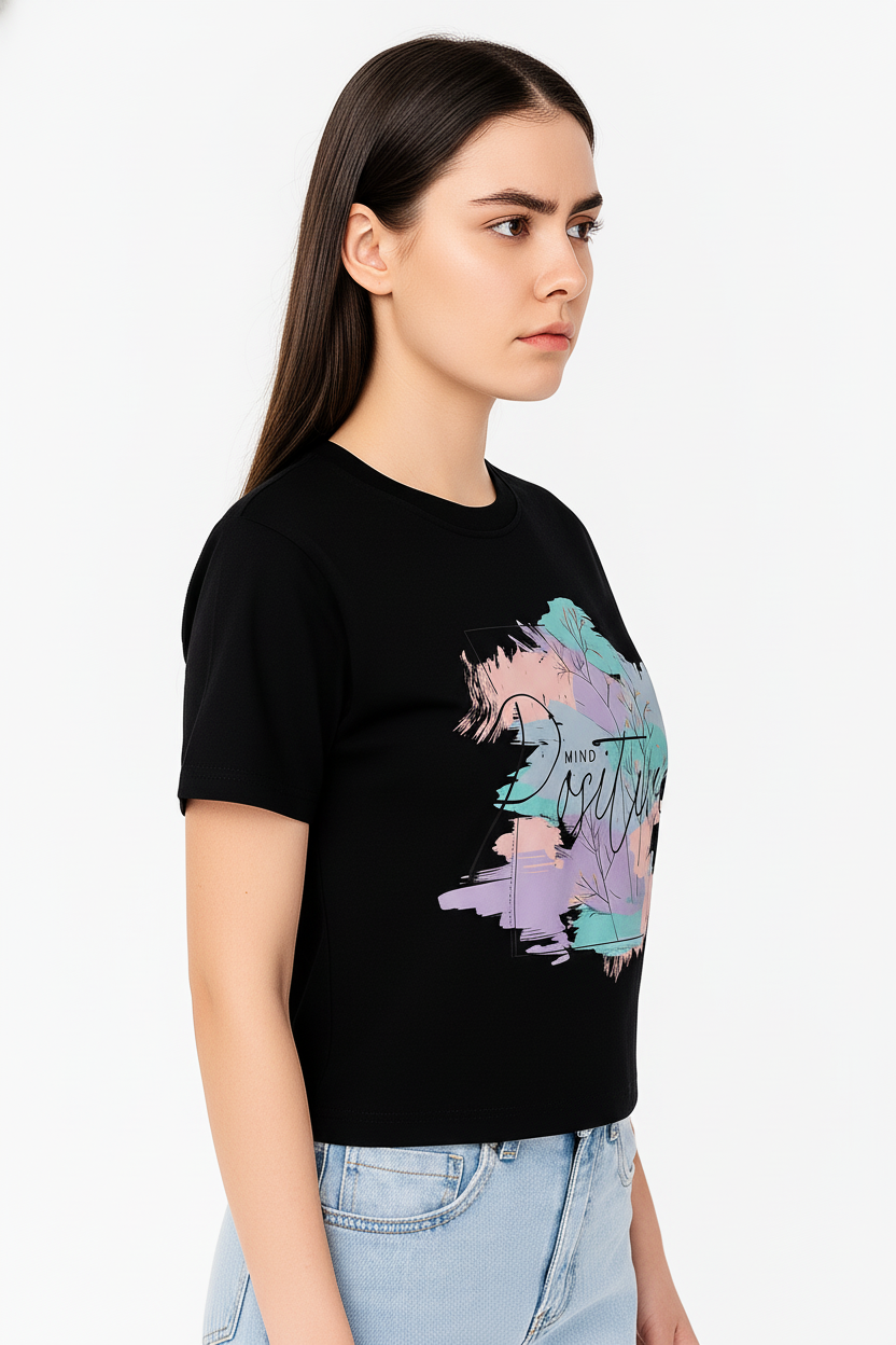 WOMEN'S BLACK POSITIVE MIND REGUALR FIT TSHIRT