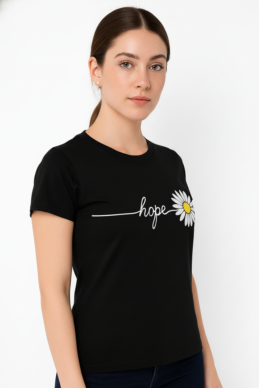 WOMEN'S BLACK MONOCHROME BLOOM REGULAR FIT TSHIRT
