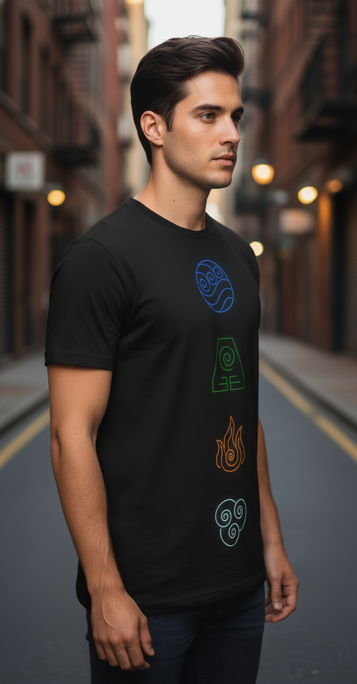 UNISEX BLACK AVATAR - THE LAST AIRBENDER (THE FOUR ELEMENTS) REGULAR FIT TSHIRT
