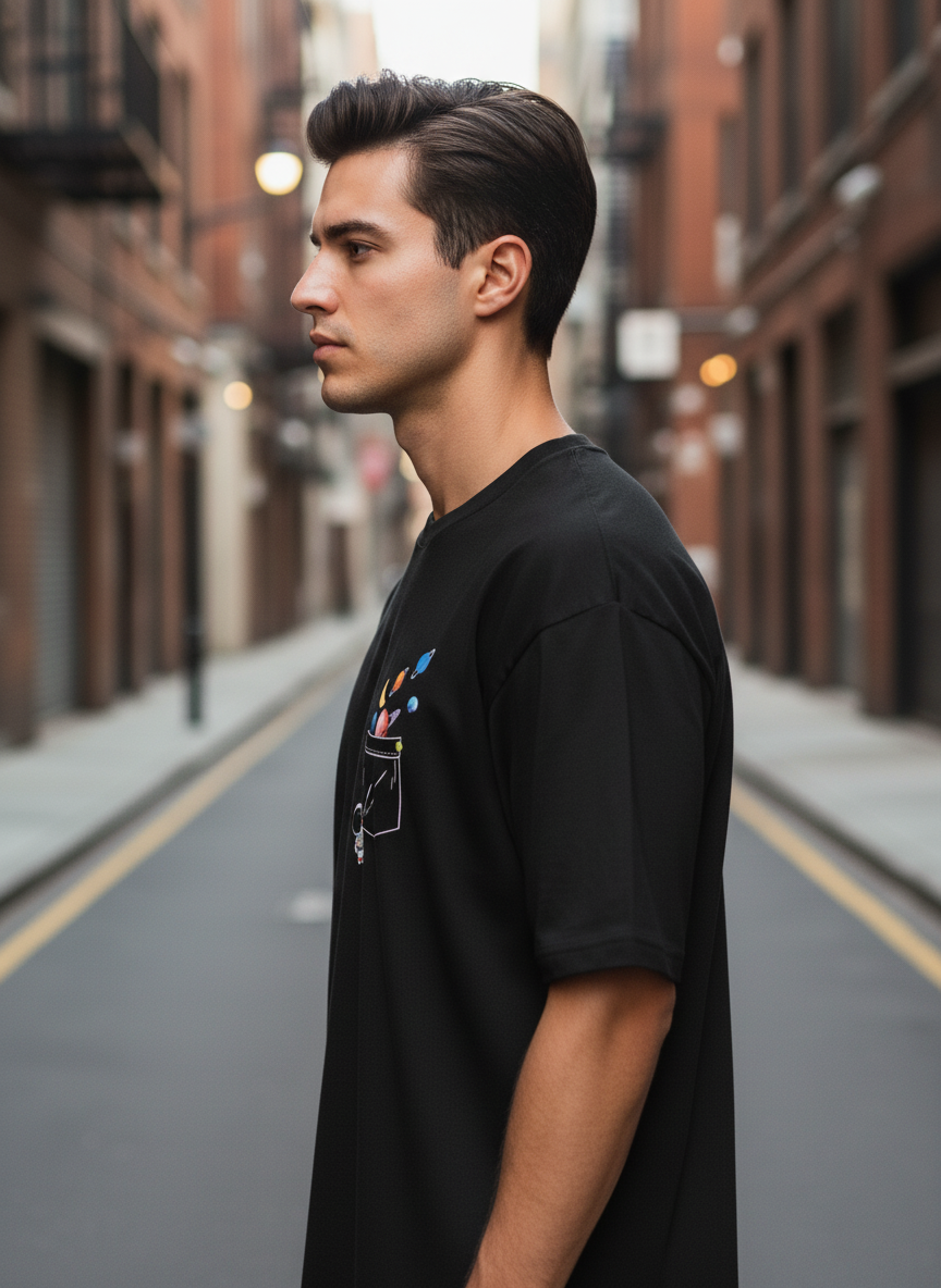 UNISEX BLACK CELESTIAL POCKET OVERSIZE FIT TSHIRT