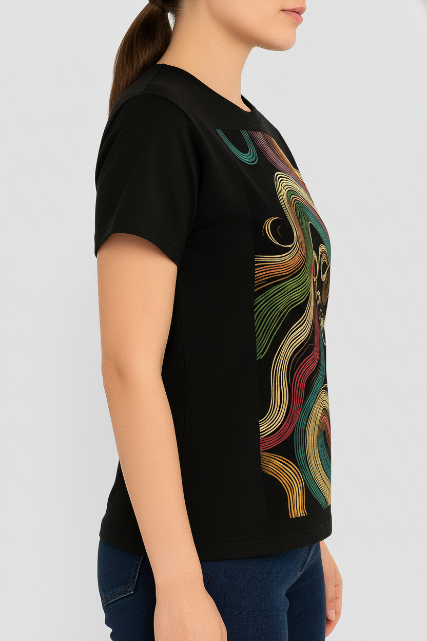WOMEN'S BLACK  ABSTRACT BEAUTY REULAR FIT TSHRT