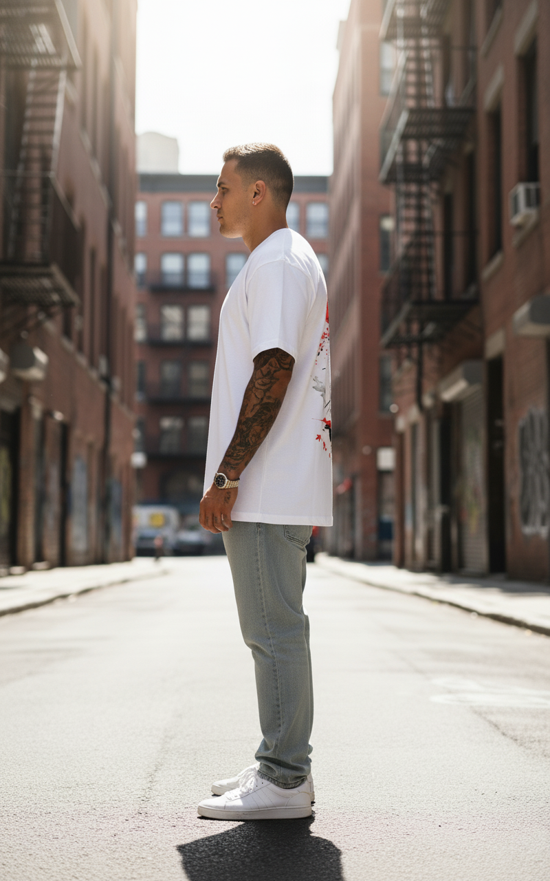 UNISEX WHITE RED MOON SAMURAI OVERSIZE FIT TSHIRT