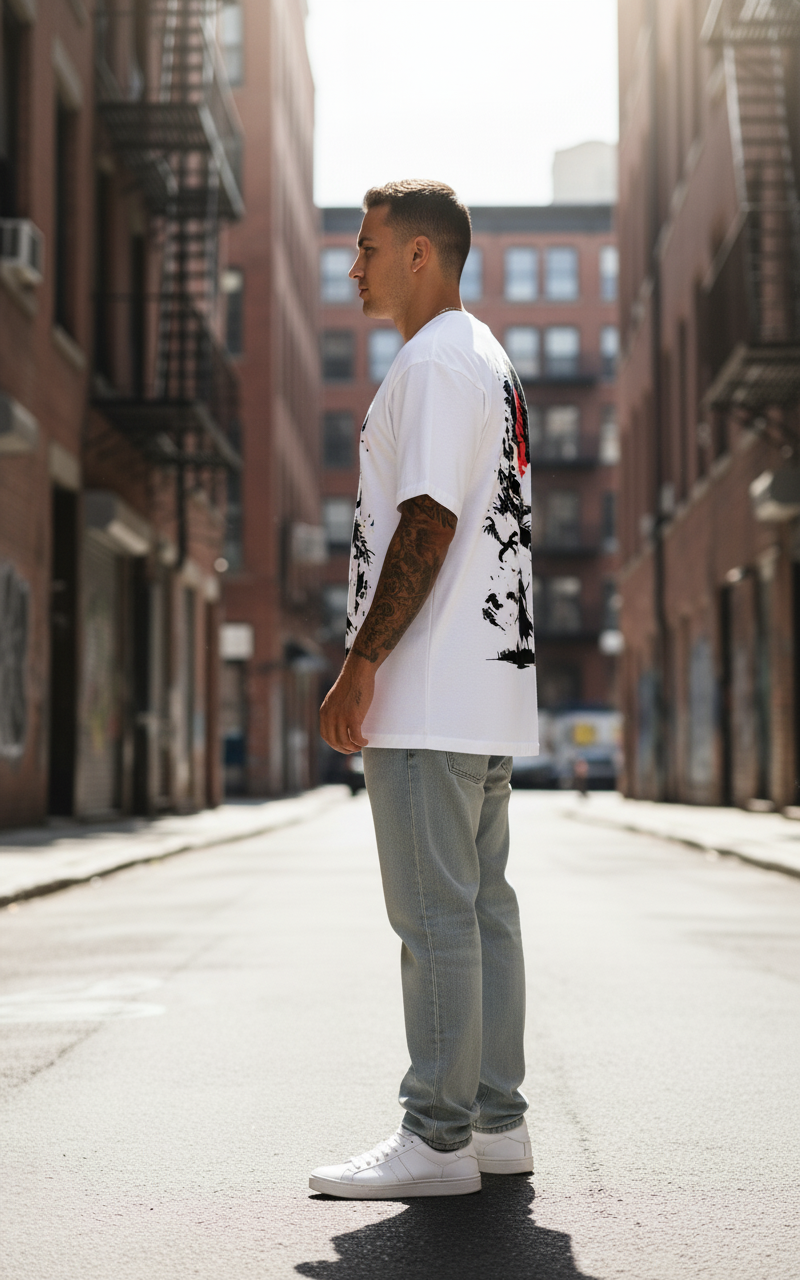 UNISEX WHITE RED MOON DRAGON OVERSIZE FIT TSHIRT