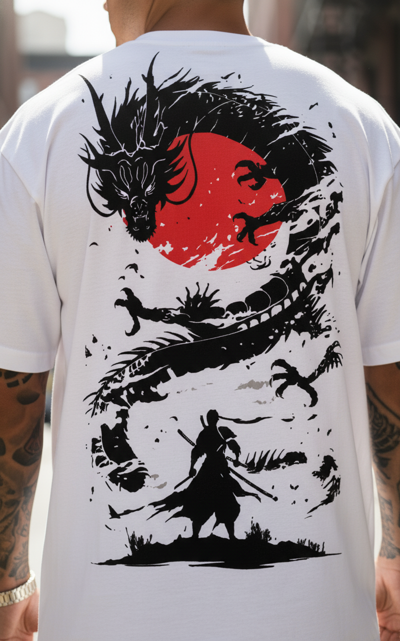 UNISEX WHITE RED MOON DRAGON OVERSIZE FIT TSHIRT