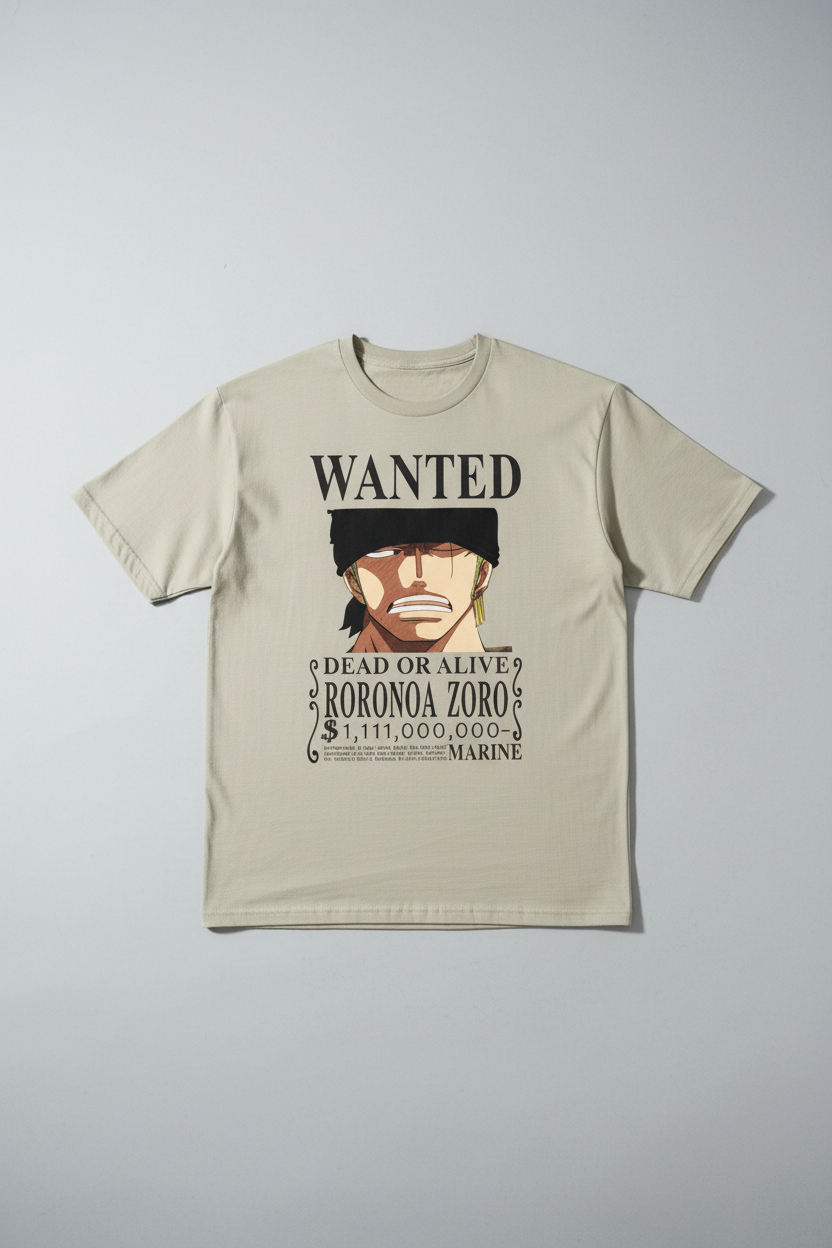 UNISEX BEIGE  RORONOA ZORO - DEAD OR ALIVE WANTED POSTER OVERSIZE FIT TSHIRT