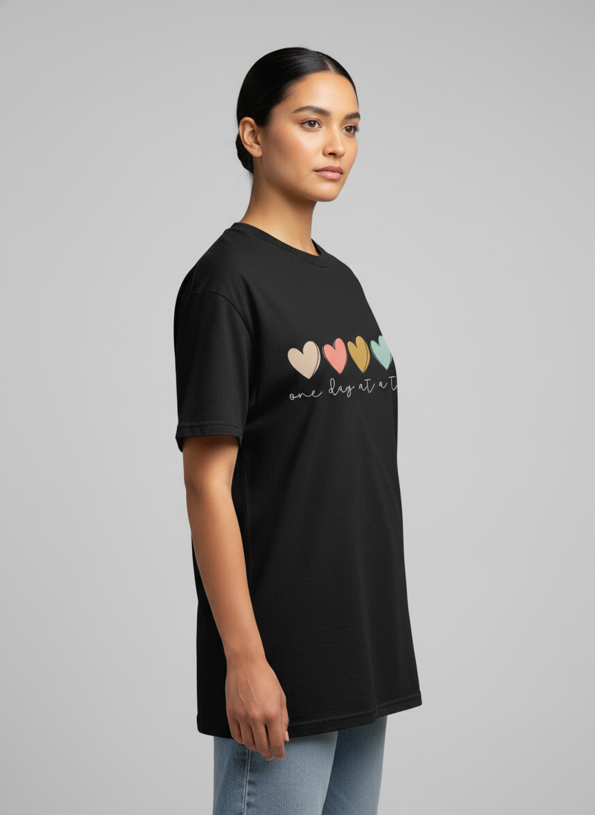 WOMEN'S BLACK ONE DAY AT A TIME REGULAR FIT TSHIRT