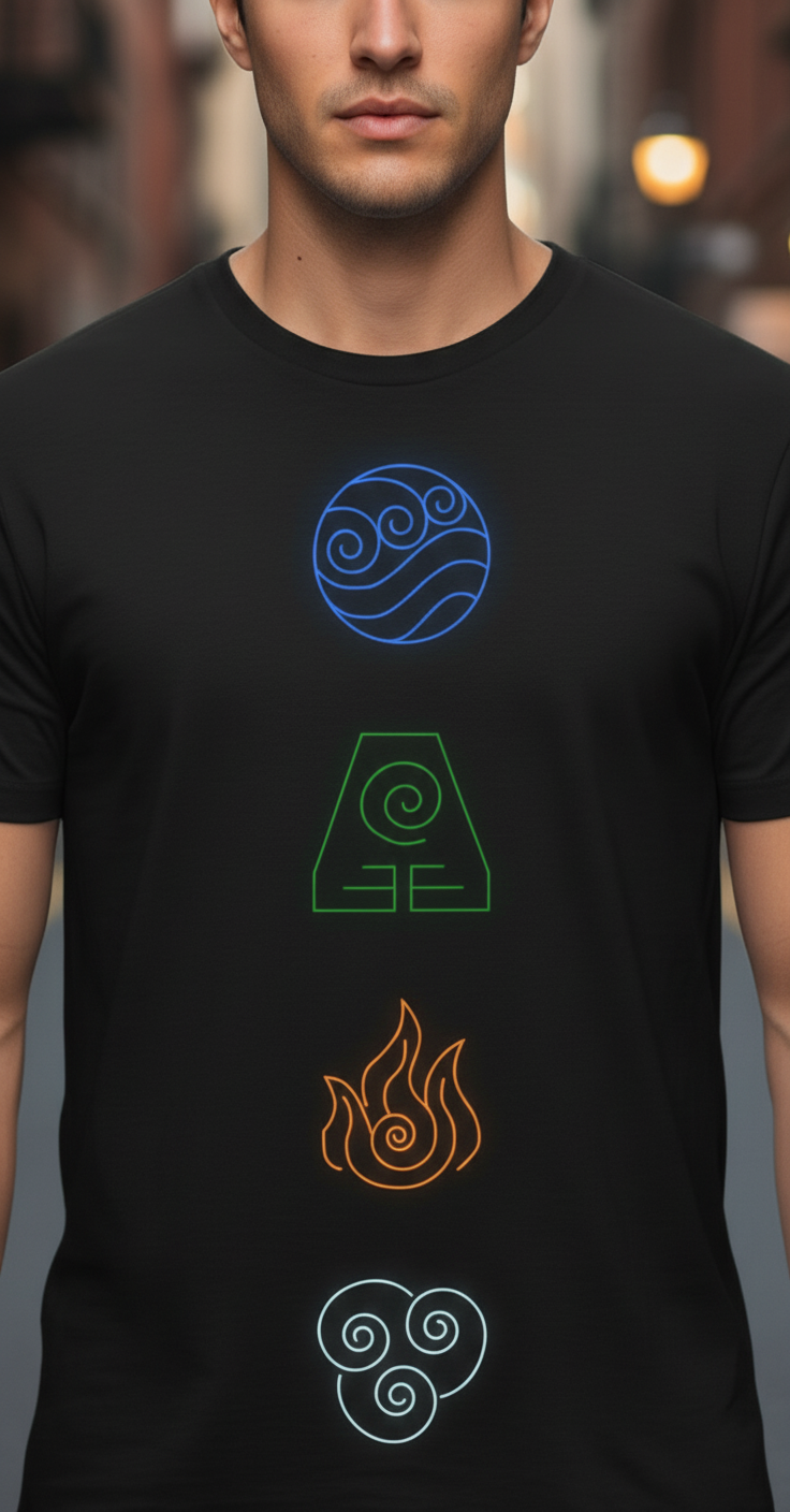 UNISEX BLACK AVATAR - THE LAST AIRBENDER (THE FOUR ELEMENTS) REGULAR FIT TSHIRT