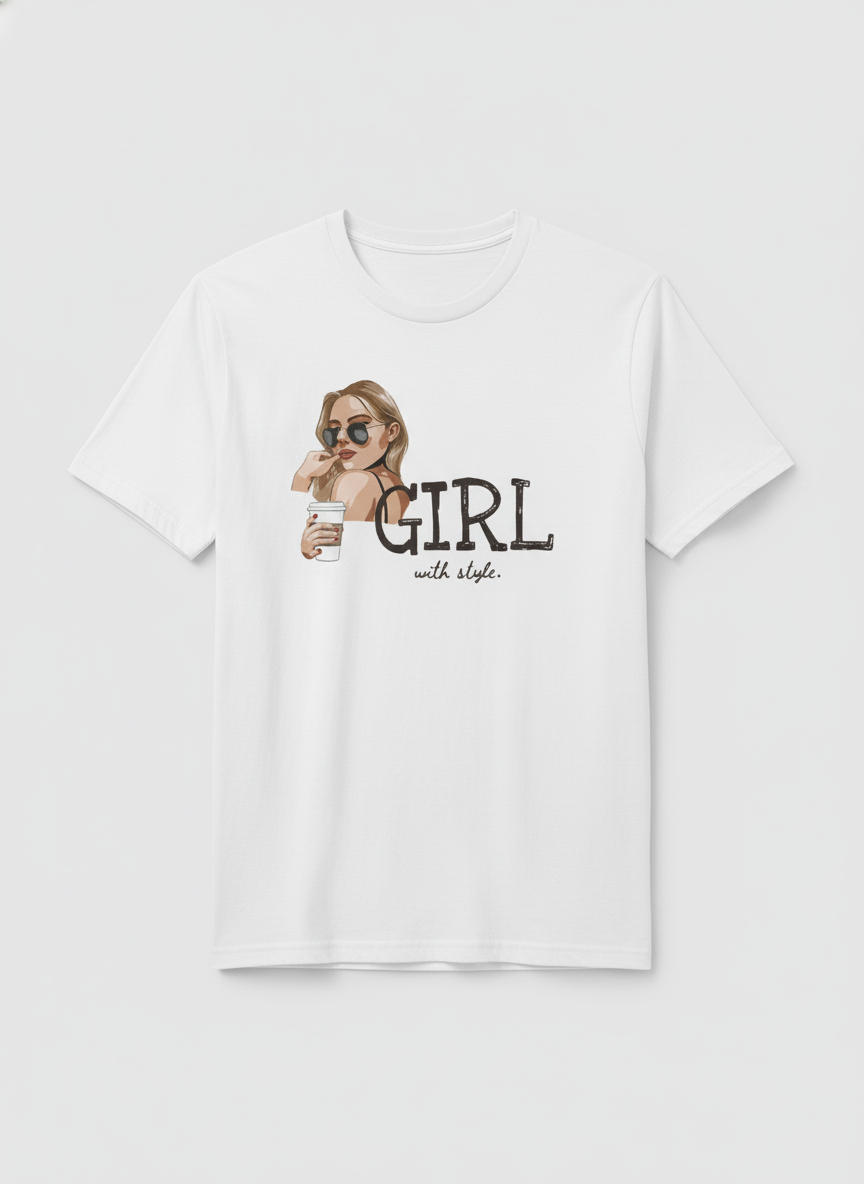 WOMEN'S WHITE GIRL WITH STYLE REGULAR FIT TSHIRT