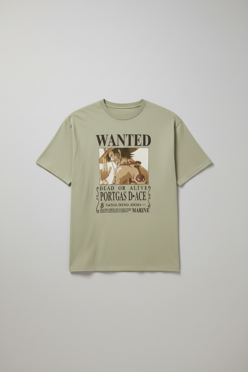 UNISEX BEIGE  PORTGAS D. ACE - DEAD OR ALIVE WANTED POSTER OVERSIZE FIT TSHIRT
