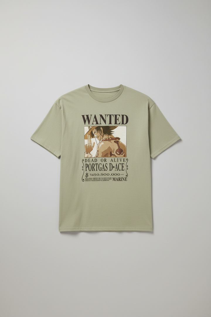 UNISEX BEIGE  PORTGAS D. ACE - DEAD OR ALIVE WANTED POSTER OVERSIZE FIT TSHIRT