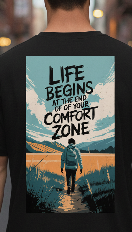 UNISEX BLACK LIFE BEGINS AT THE END OF YOUR COMFORT ZONE OVERSIZE FIT TSHIRT